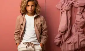 Young girl in casual beige jacket and white t-shirt standing against pink background.