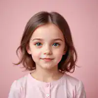 Young girl with brown hair and blue eyes against pink background.