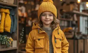 Child wearing a yellow outdoor jacket in a cozy shop setting.