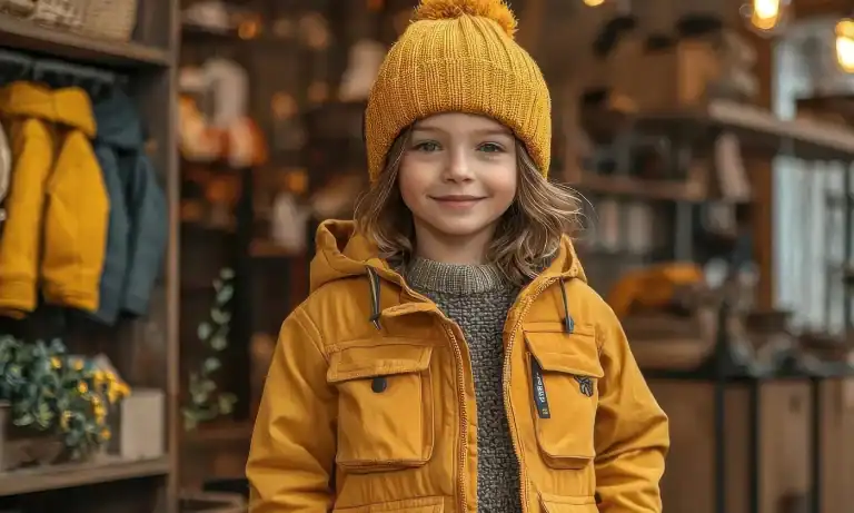 Child wearing a yellow outdoor jacket in a cozy shop setting.