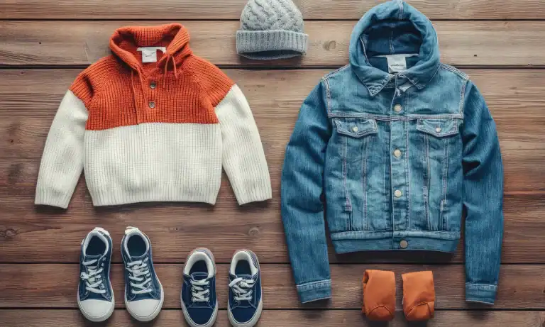 Cute kids' winter clothing set with sweater, denim jacket, hat, and sneakers.
