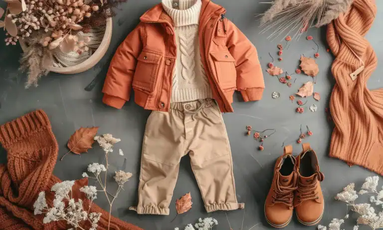 Adorable children's winter clothing set with jacket, sweater, pants, and boots for cold weather comf.