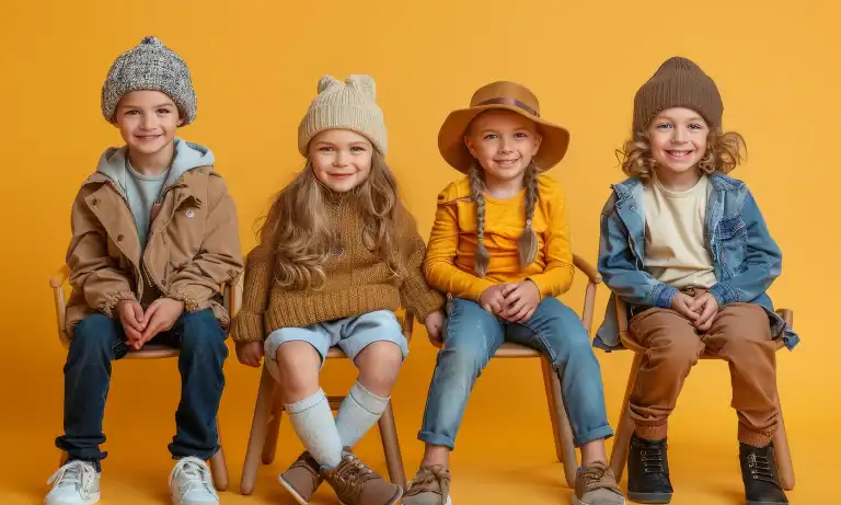 Group of four children wearing stylish fall outfits on yellow background.