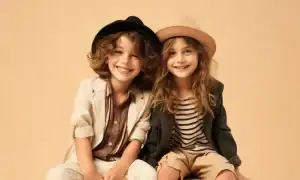 Two smiling children wearing stylish hats and casual outfits for Petra Play.