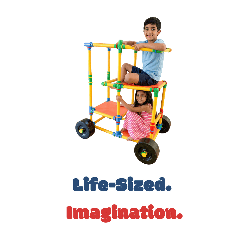 Children playing with a colorful life-sized imagination toy structure.