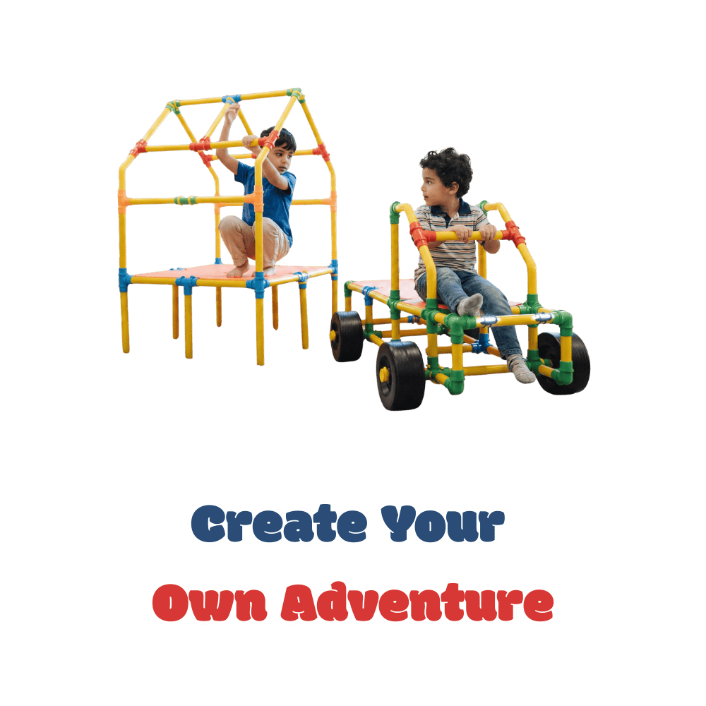 Kids playing on colorful DIY playground and ride-on vehicle for outdoor fun.