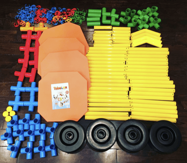 Brightly colored building set pieces for creative construction.