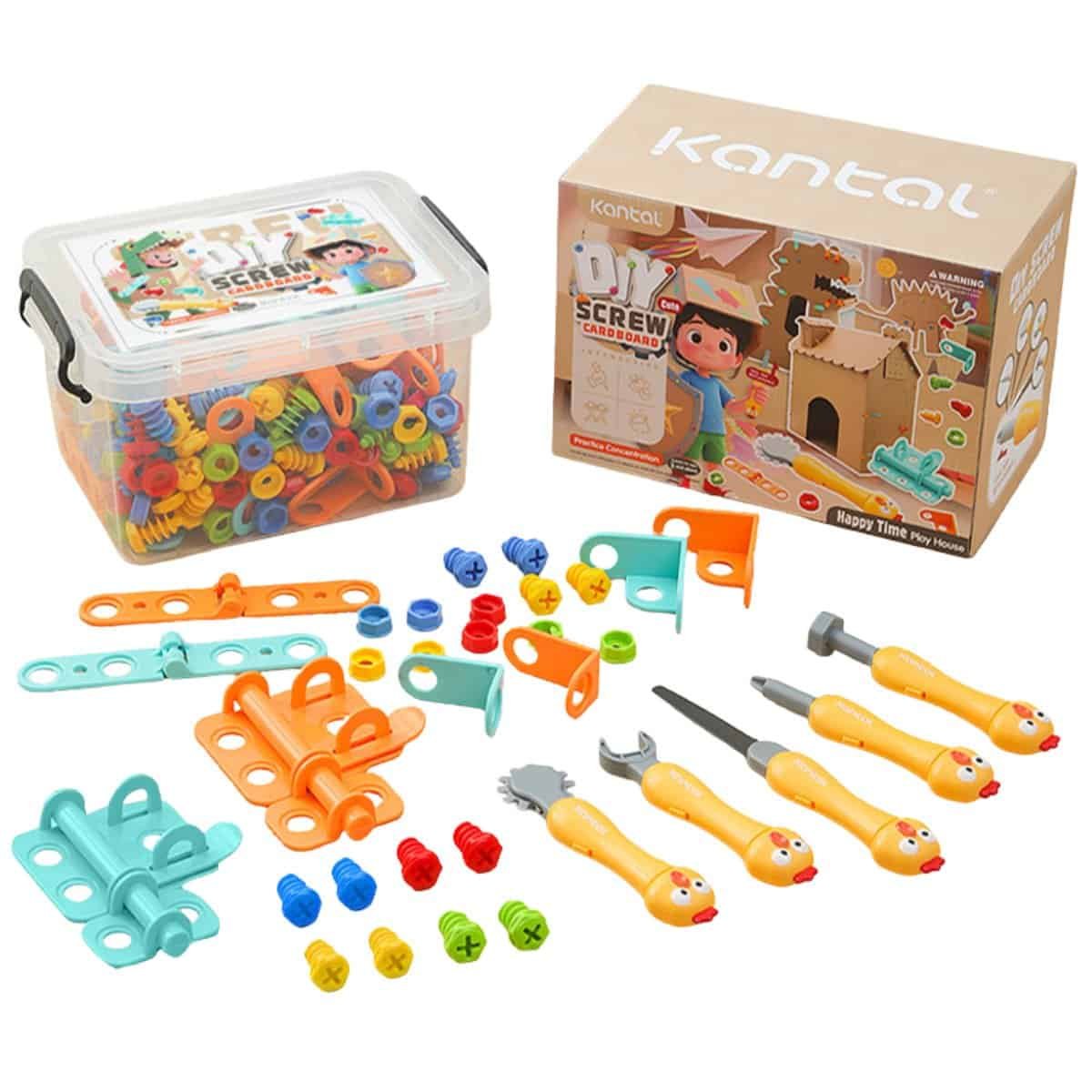 Kids' cardboard construction kit with screws, tools, and colorful connectors for creative play.