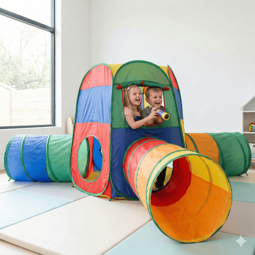 Colorful kids' play tent with tunnel for indoor fun and activities.