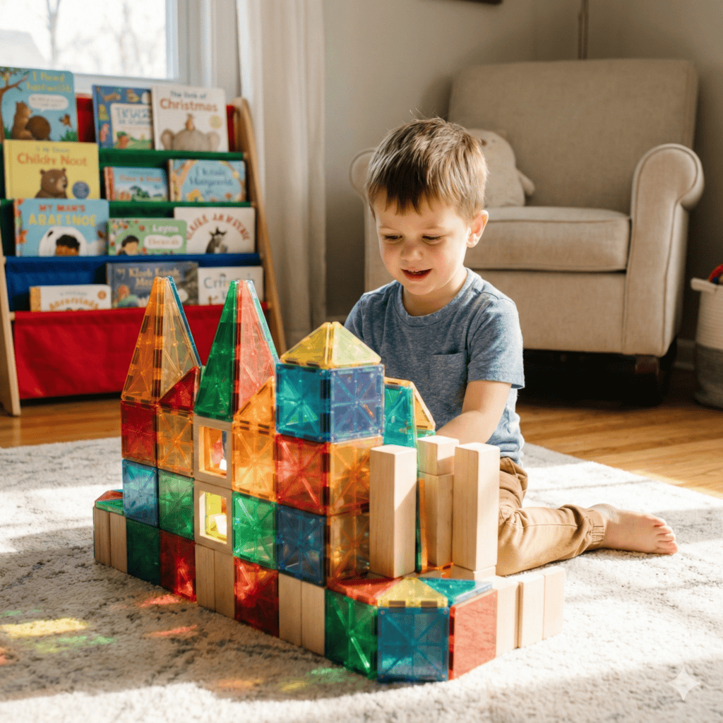 Child playing with colorful geometric building blocks at home.