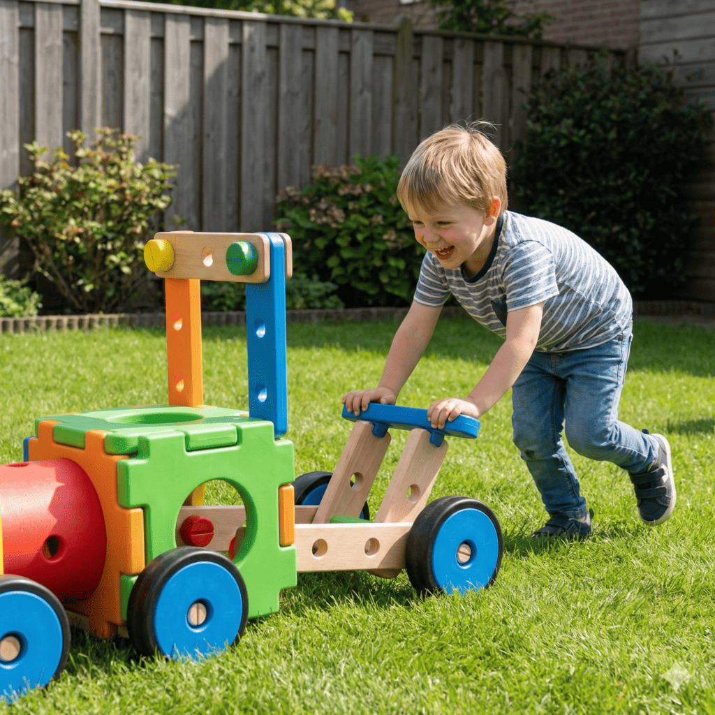 Child playing with colorful outdoor wooden toy in garden.