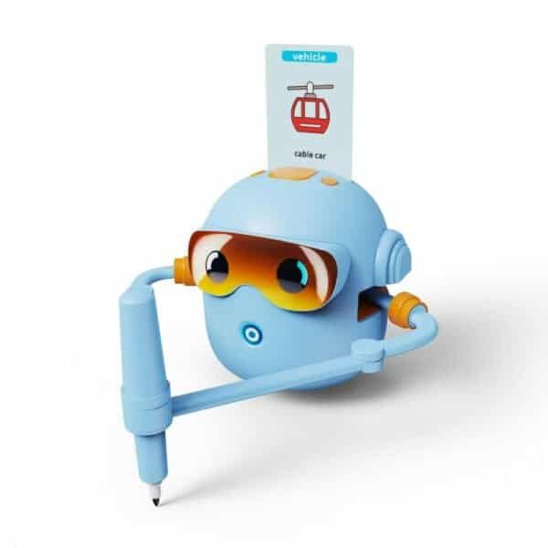 Interactive drawing robot for kids with 100 learning cards, blue color, fun educational toy.