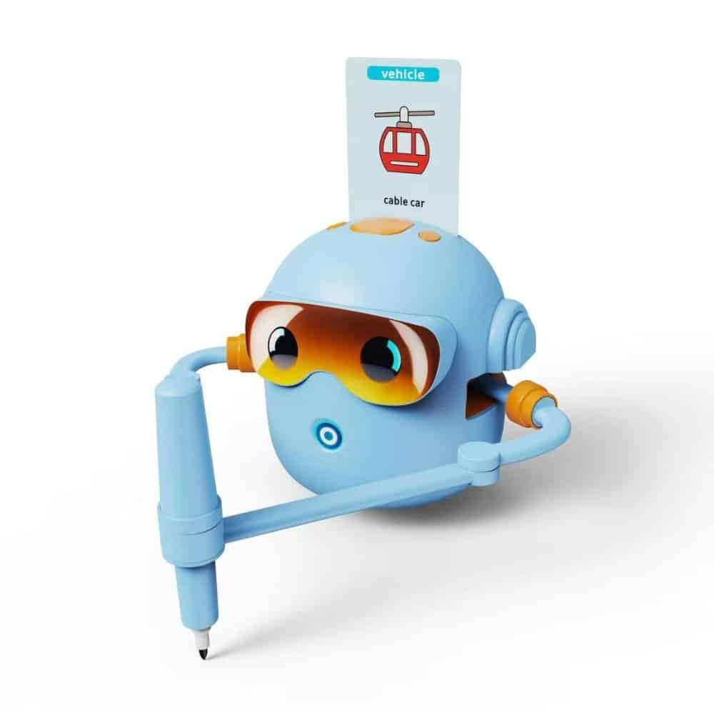 Interactive drawing robot for kids with 100 learning cards, blue color, fun educational toy.