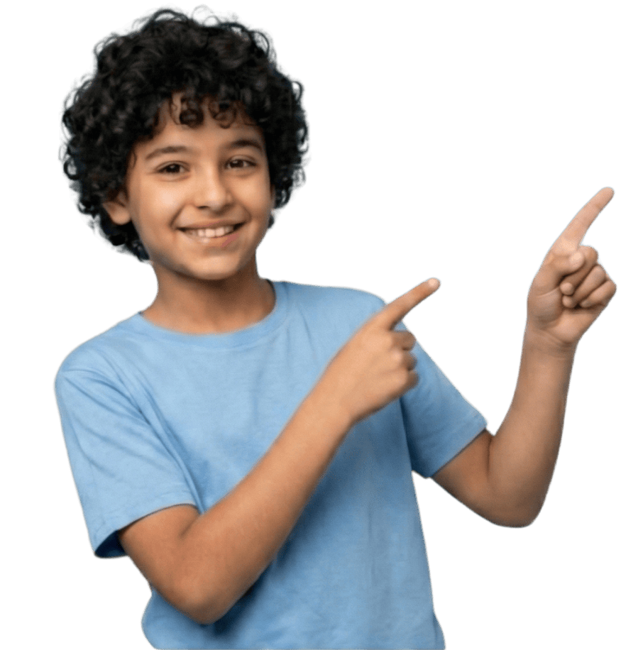 Young boy pointing at Petra Play logo, smiling, promoting fun and learning.